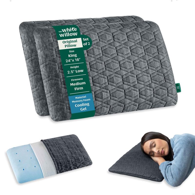 The White Willow Thin Pillow for Sleeping-Slim Memory Foam Pillow Set of 2-Cool Gel Slim Pillow for Neck & Shoulder Pain Relief-Flat Pillow-Orthopedic Cervical Neck Pillow-King Size-2.5" H-Grey