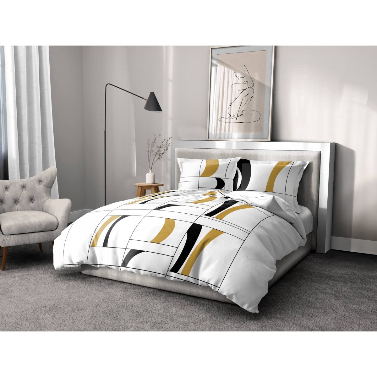 Home Linge Passion | Duvet Cover - 3 Pieces | 100% Cotton - 57 Thread Count | 240 x 260 cm | Atoll Black-Mustard