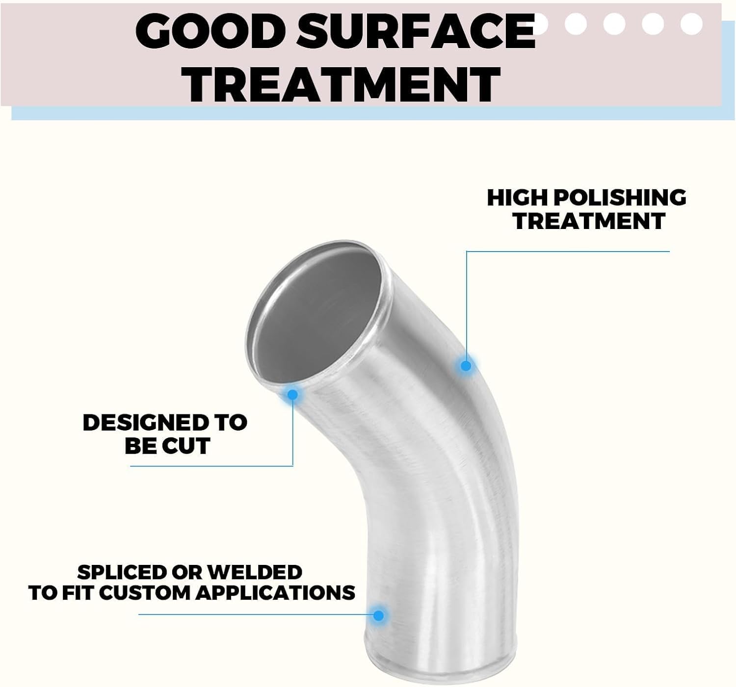 KUAFU 45-Degree Aluminum Intercooler Pipe with annotations for surface treatment and customizability