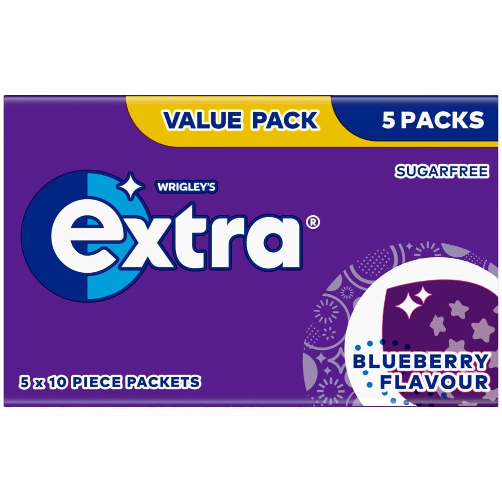 Wrigley's Extra Chewing Gum, Blueberry Flavour, 5 Packs of 10 Pieces, Sugar Free Chewing Gum Multipack with Xylitol (50 pieces)