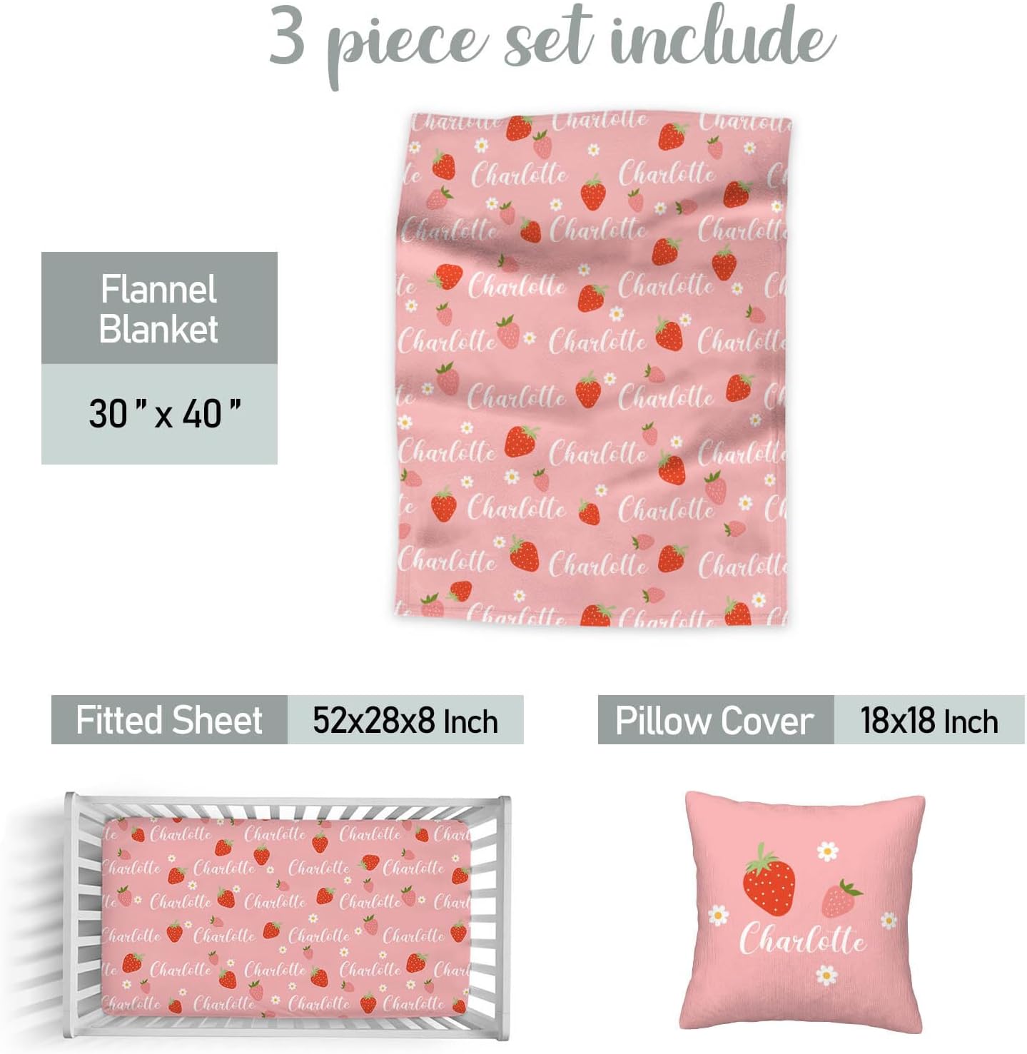 Personalized Baby Girl Crib Bedding Set with Name – Custom Strawberry 3-Piece Nursery Bedding Set, Soft Blanket, Fitted Crib Sheet & Pillowcase – Newborn Infant Toddler Gift for Baby Shower