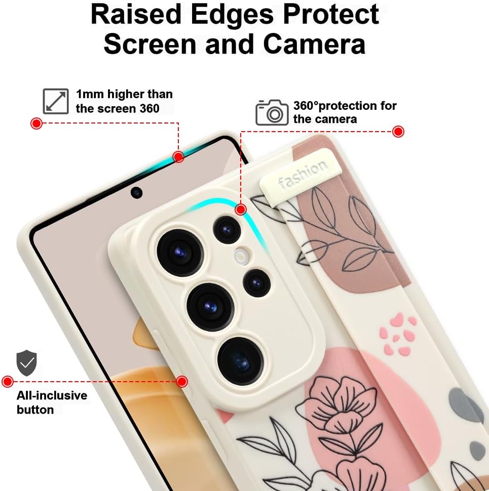 Case for Samsung Galaxy S25 Ultra 6.9 inch 2025 Released, Silicone Case with Strap for Women Girls Cute Floral Flowers Adjustable Wristband Kicktand Cover for S25 Ultra, Beige Flower - Image 2