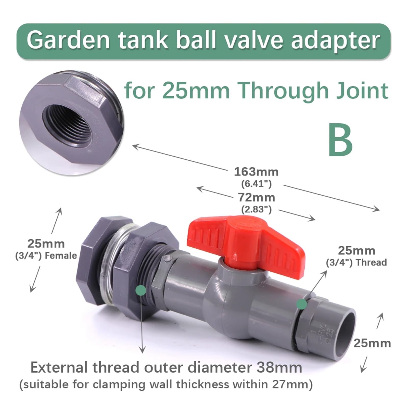 1/2 "3/4" 1 "PVC Ball Ventil Wasser Aquarium Adapter Garten Bewässerung Aquarium Pipeline Einlass Wasser Ablauf Joint Verbinden Reparatur(for 25mm Through,3PCS)