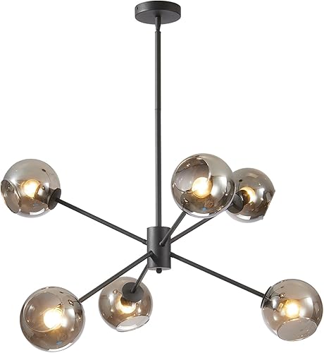 BOKT Lámpara colgante Sputnik moderna de globo de cristal de mediados de siglo, color negro mate, lámpara colgante Sputnik ajustable, vintage,