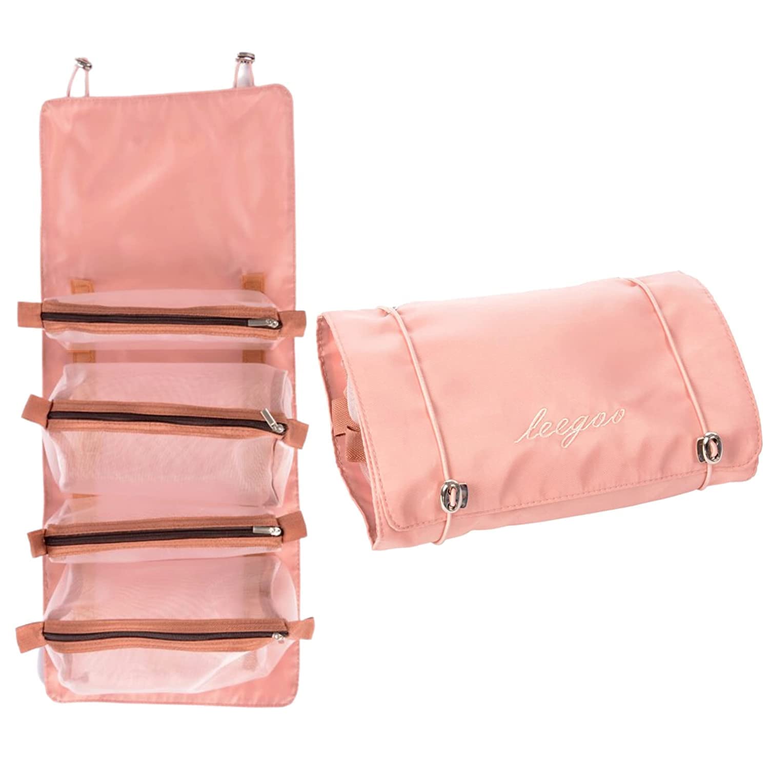 Professional Cosmetic Makeup Kit Storage Pouch, Foldable Travel Toiletry Organizer for Women, Hanging Makeup Bag with Multiple Compartments for Brushes, Skincare & Accessories (Pink)-image-43
