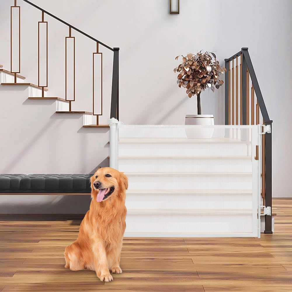 Barrière d'escalier rétractable pour bébé et Animaux- Rétractable Barriere de Securite Chien 0-150 cm de Large Barrière de Sécurité, Barriere Escalier Enroulable-86 * 150 cm-Blanc