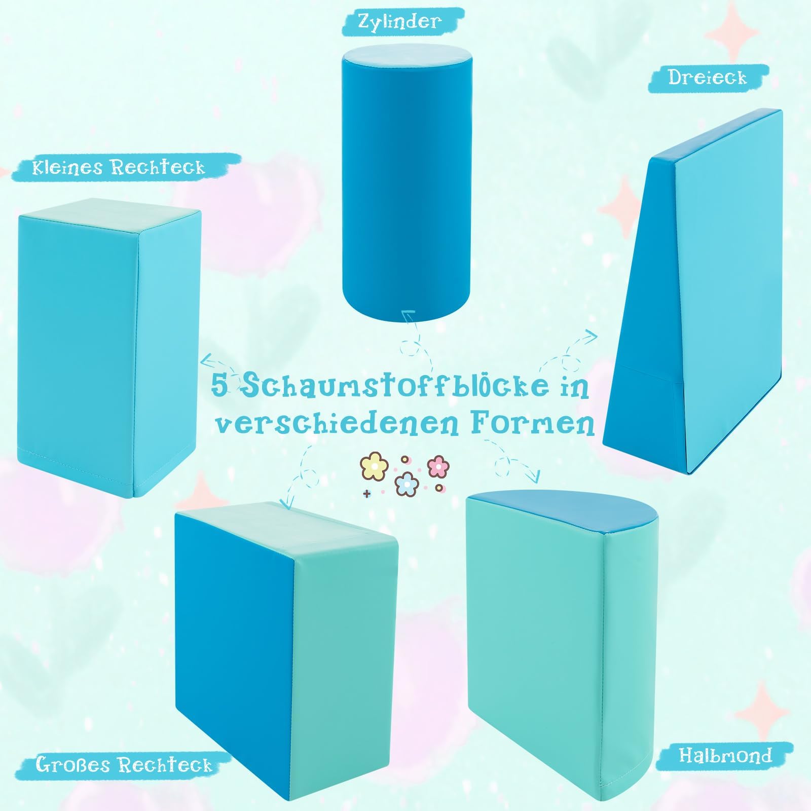 FANTASK Schaumspielset zum Toben und Klettern, 5 TLG. Bauklötze, Spielzeugset für Babys und Kleinkinder, Blau