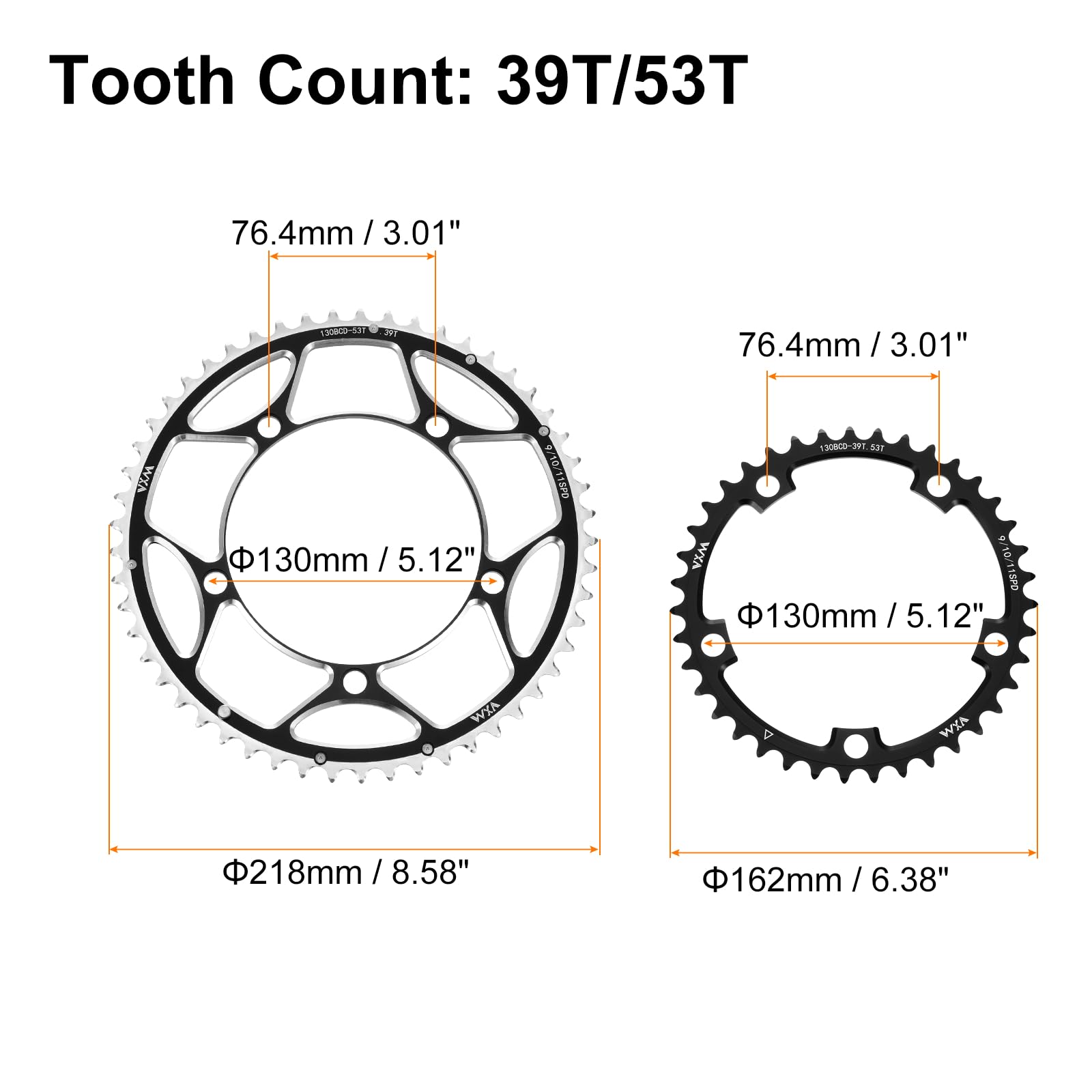 QUARKZMAN 2 Stück 130BCD Fahrrad Kettenblatt Set 39T/53T Rund Schmal Breit Aluminium Kettenblatt Kettenrad Mit Doppel Rund 5 Bolzen Für Rennrad Fahrrad 9/10/11 Gang Ketten