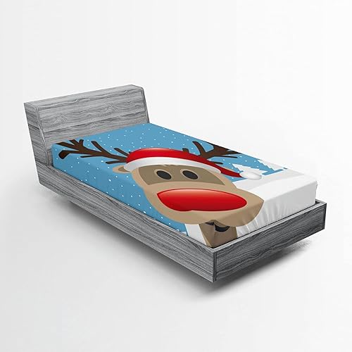 Ambesonne Sábana bajera de Navidad, nariz roja de reno y sombrero de Papá Noel, bosque nevado, funda de cama con bolsillo profundo elástico para