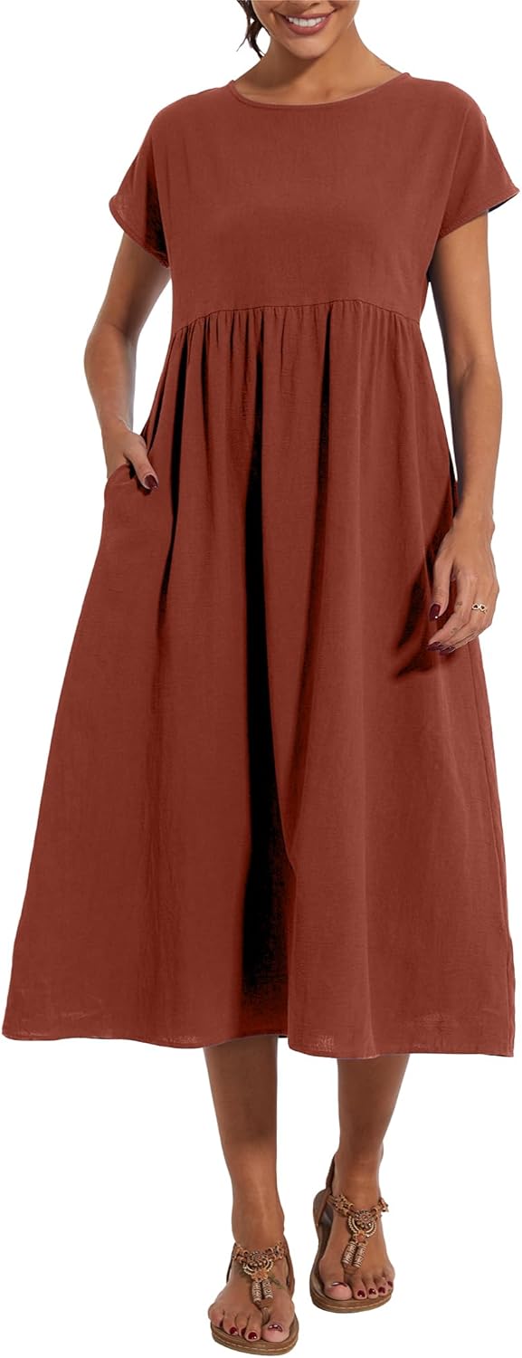 Dresses for Women 2024 Casual Summer Cotton Dress with Pockets Short Sleeve Shirt Midi Long Dress - Image 4