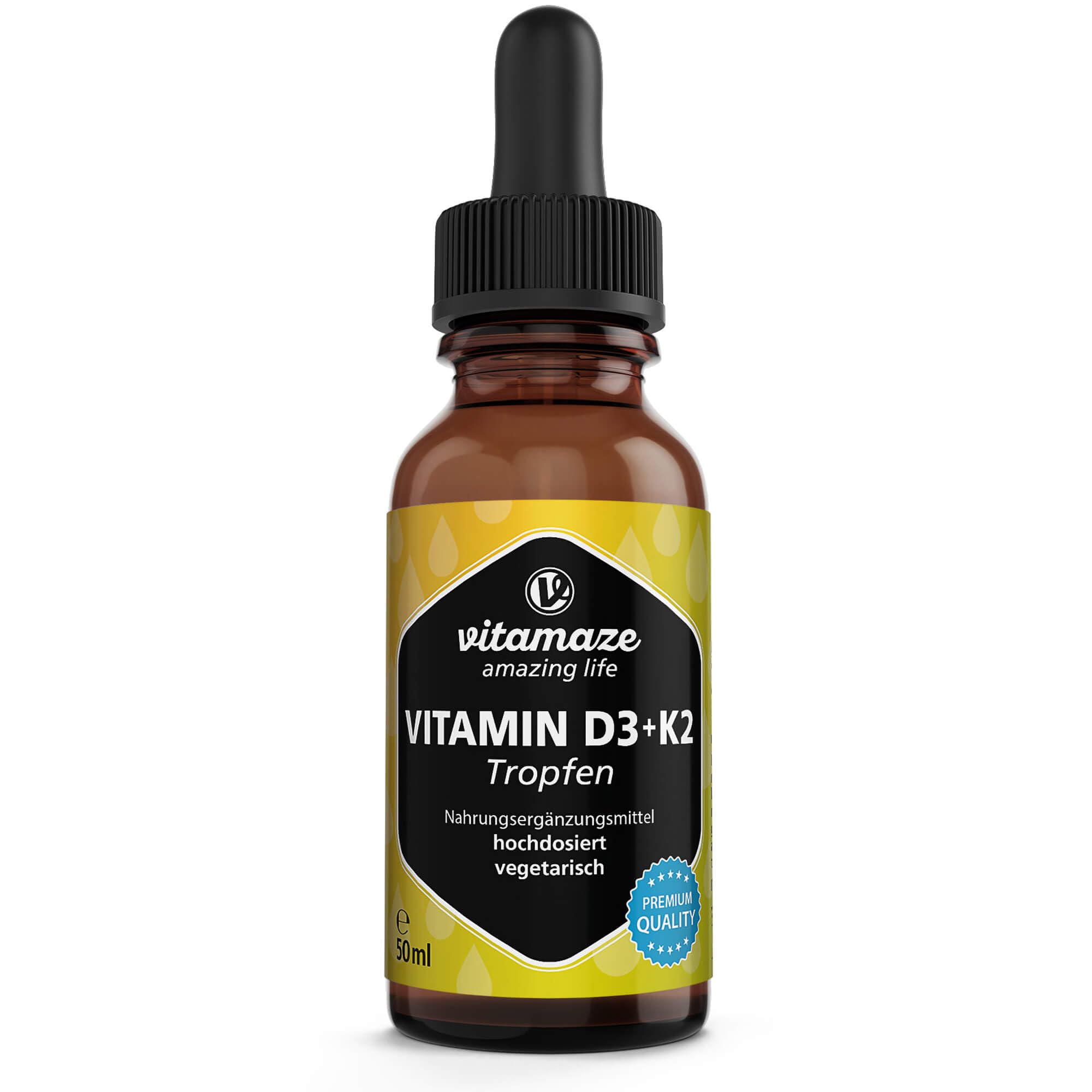 Vitamina D3 + K2 Gocce, 1000 UI ad Alta Dose, Vegetariano & Liquido (99,7+% All-Trans MK-7), 50 ml (1700 Gocce), Elevata Biodisponibilità, Nessun Additivo Inutile, Vitamaze