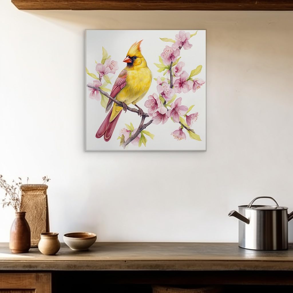Canvas for Living room. Whispers of Spring: A Yellow Cardinal Amidst Blossoming Serenity, 27 x 18 inch Canvas Wall Art - Retro Home Decor - 69x46 cm (27x18 inch)