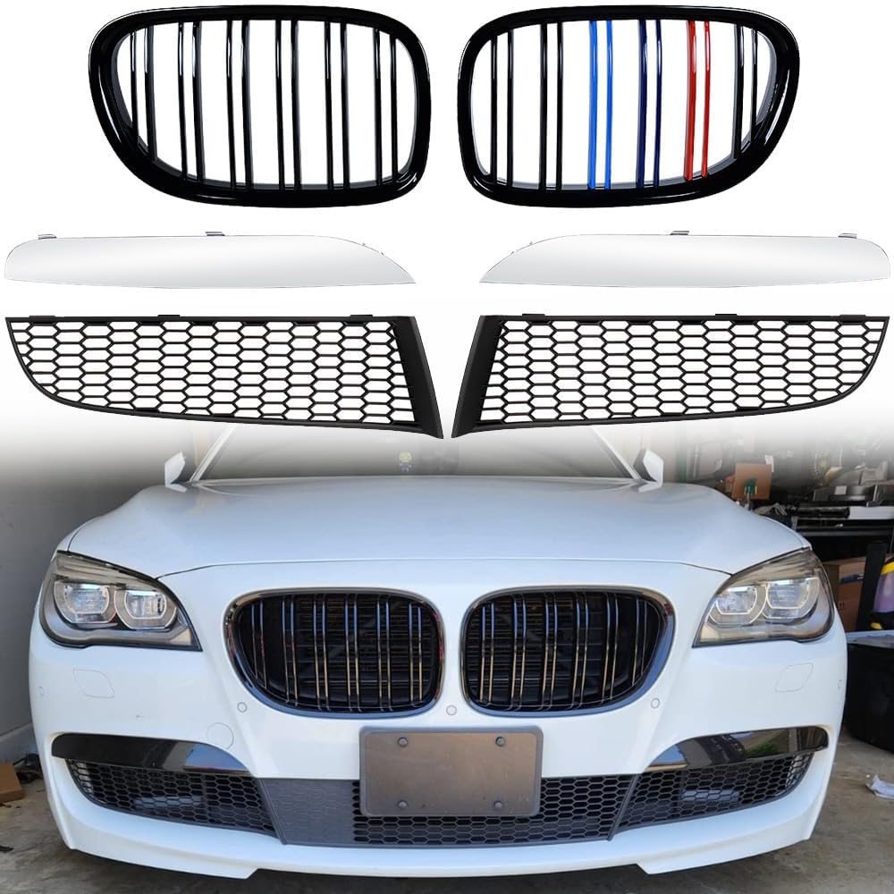 Astra Depot Glossy Black M-Color Dual Slats Kidney Grill + Matte Black Lower Bumper Grille Insert + Chrome Trim Eyelids Eye Lid Replacement for 2009-2015 BMW F01 F02 740i 740Li 750Li 760Li 750i xDrive