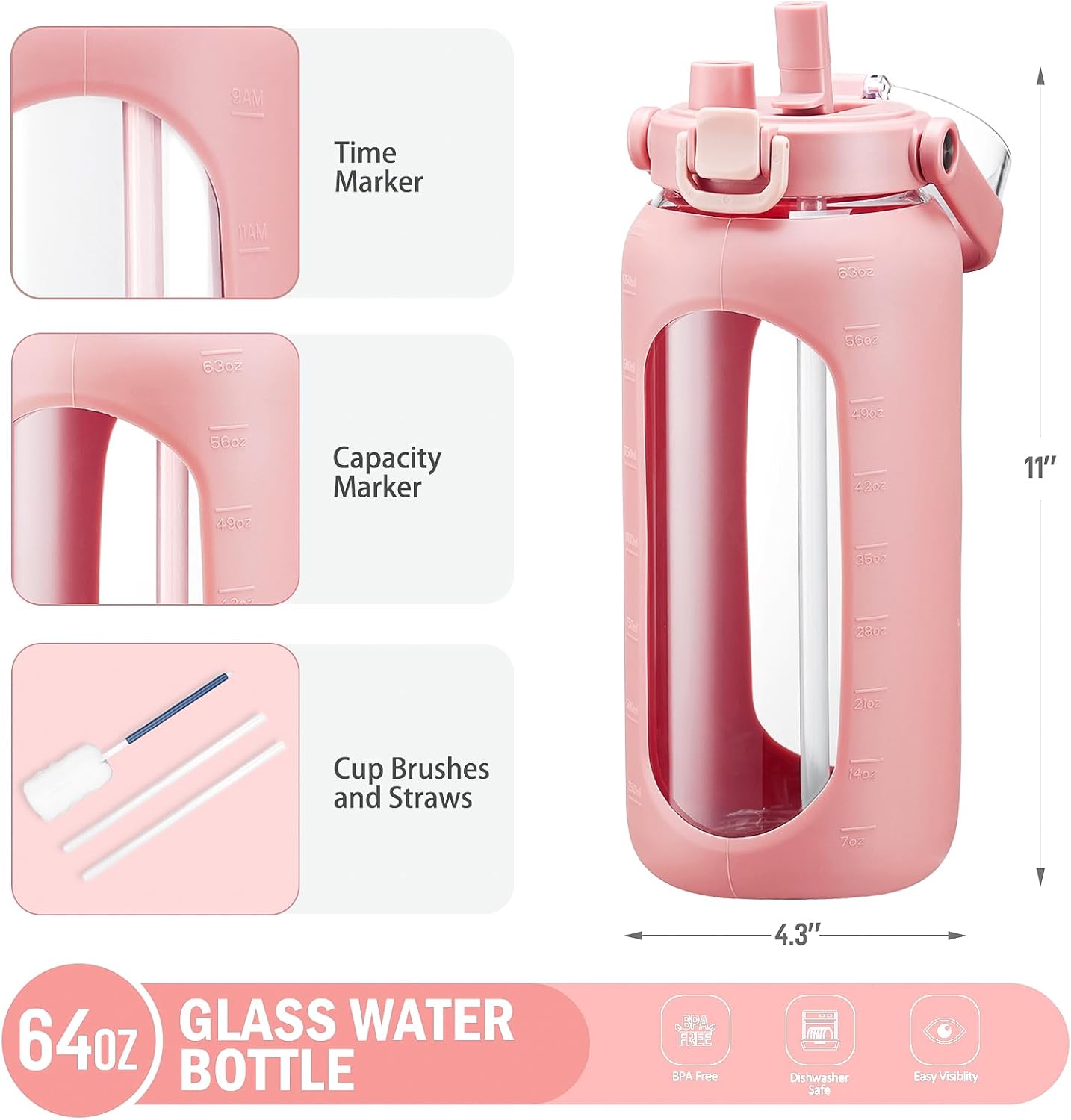BLUEGO 64oz Glass Water Bottles with Straw Time Marker Half Gallon Large Motivational Water Bottle with Silicone Sleeve 2 Liter Large Glass Water Jug for Gym, Sports& Workout, Daily, Pink - Image 3