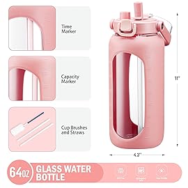 BLUEGO 64oz Glass Water Bottles with Straw Time Marker Half Gallon Large Motivational Water Bottle with Silicone Sleeve 2 Liter Large Glass Water Jug for Gym, Sports& Workout, Daily, Pink