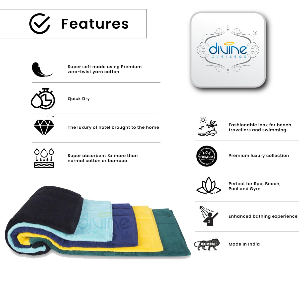 DIVINE OVERSEAS Allure Luxury Zero Twist Naturally Cotton Yarn 8 Pieces Towel Set with 2 Bath Towels 27"x54", 2 Hand Towels 16"x27", 4 Face Towels 13"x13", Soft, Absorbent, Quick Dry, Fresh Aqua Color 4