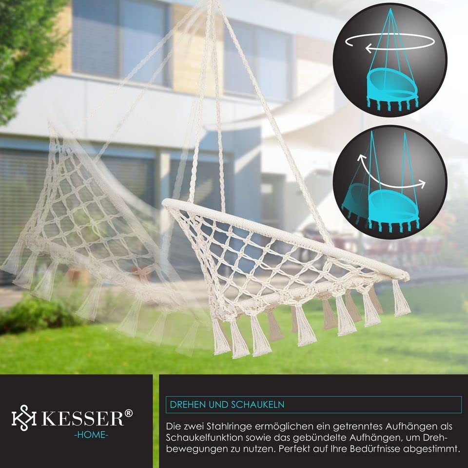 KESSER® Hängesessel 150kg mit 2 Stahlringe Sitzpolster geflochten Fransen Hängestuhl Hängekorb Schaukelkorb Garten Indoor wetterfest, wasserabweisend, Beige - Image 4