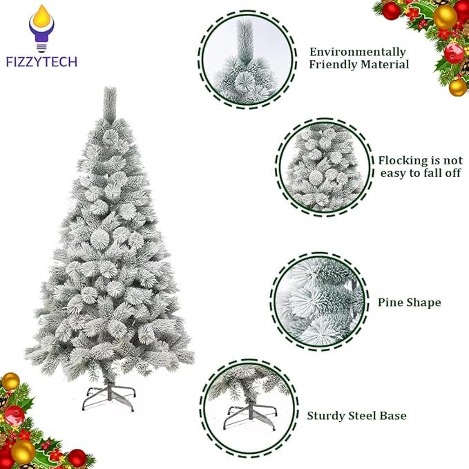 Image of Fizzytech 6 Feet Premium PVC Pine Needle Snow-Flocked Artificial Christmas Tree with 210 Branch Tips - Easy Assembly, Sturdy Metal Stand - Elegant Christmas Decoration for Home & Decor