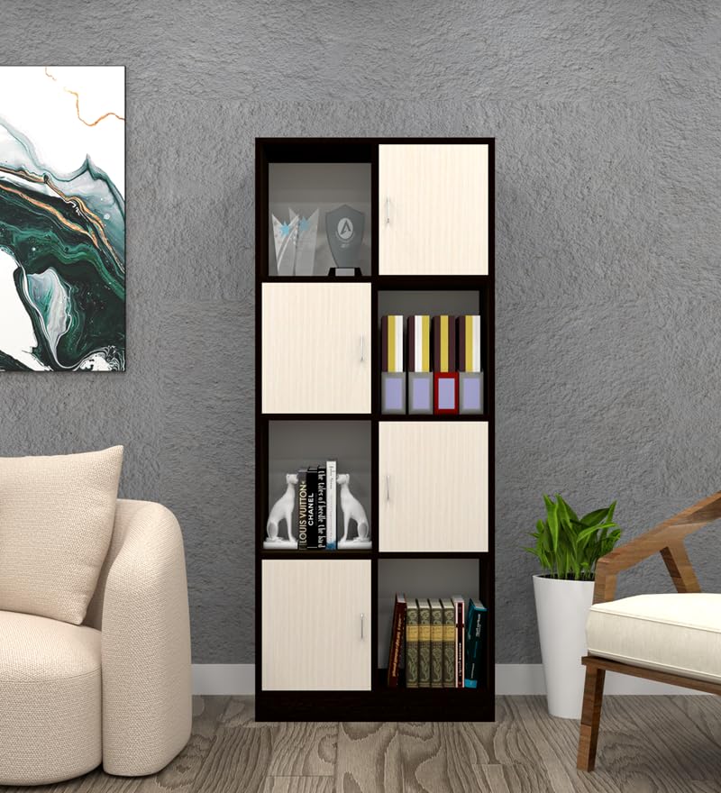 Image of SPECIALITY PANELS 8 Shelf Bookcase with 4 Open and 4 Closed Shutters, Black and Beige, 73x35x176 cm, Carpenter Assembly Included