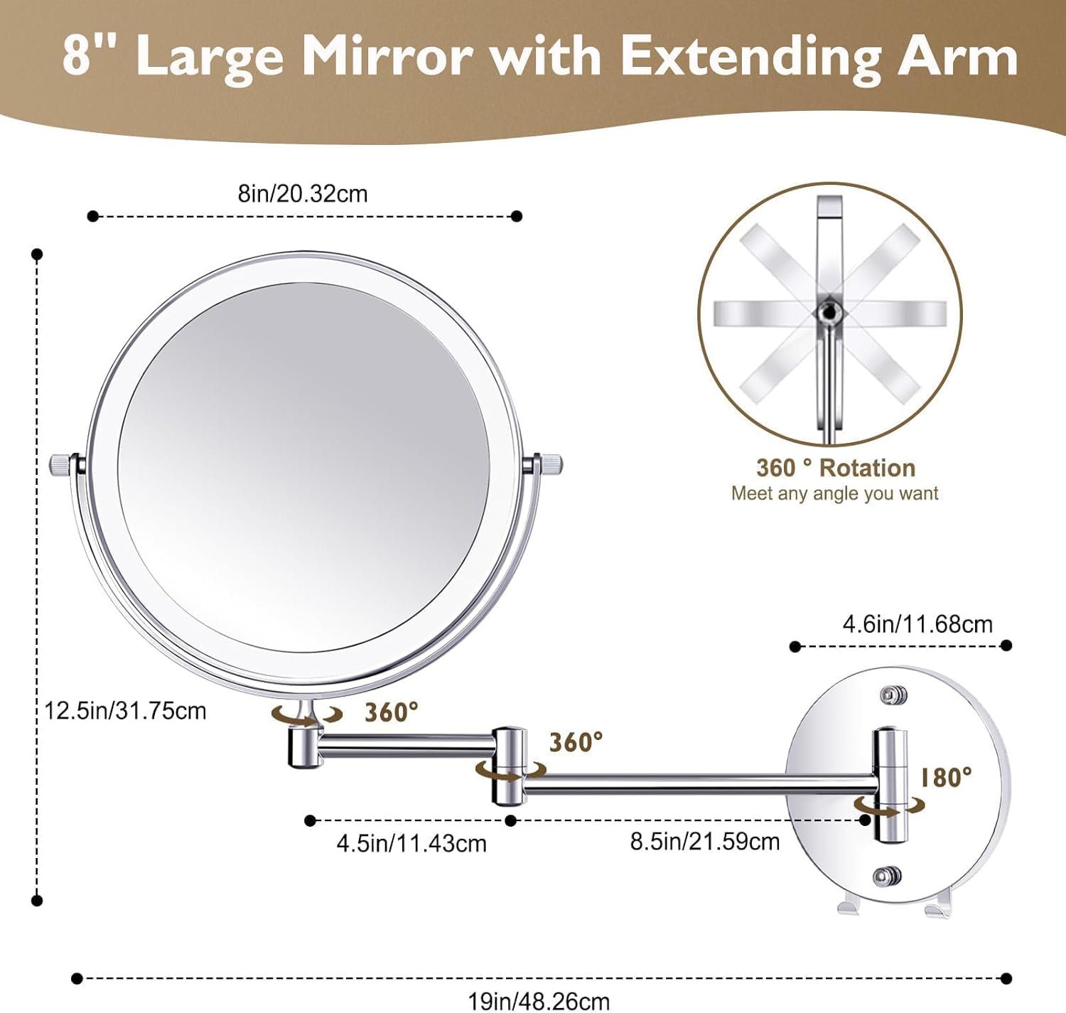 1×/15× Wall Mounted LED Makeup Mirror Magnifying Makeup Mirror 3500 mAh Rechargeable, Touch Dimmable 3 Color Lights, 8” Double Sided 360° Rotation, Ideal for Hotel and Bathroom