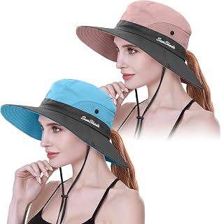 IYEBRAO 2Pcs Womens Ponytail Sun Hat UV Protection Summer Wide Brim Boonie Cap for Beach Fishing Hiking Garden Work UPF50+