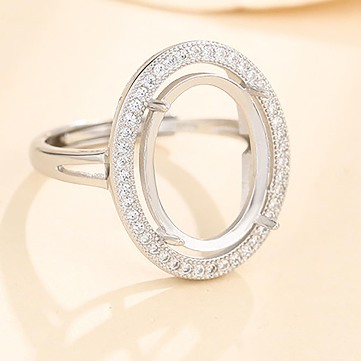 925 Sterling Silver Adjustable CZ Ring Base for 6X8/7X9/8X10/12X16mm Oval Gemstone Ring Cabochon Setting Jewelry Finding Making Personalized Gift for Women