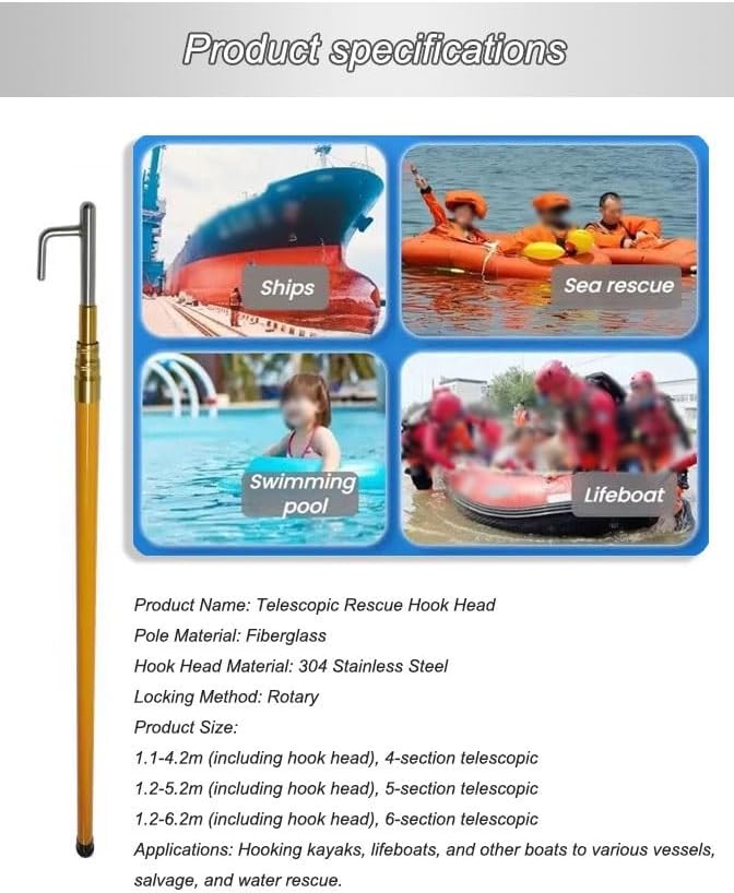 Telescoping Boat Push Pole 6m, Adjustable Docking & Rescue Tool, Gripping Pole with Hook for Easy Boat Maneuvering, Lightweight & Durable Fishing Accessory