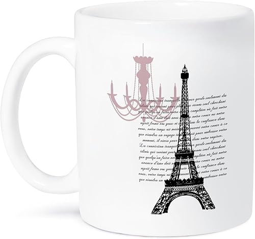PS clásico Chic – Lámpara de araña y la torre Eiffel con Script – Tazas, Blanco
