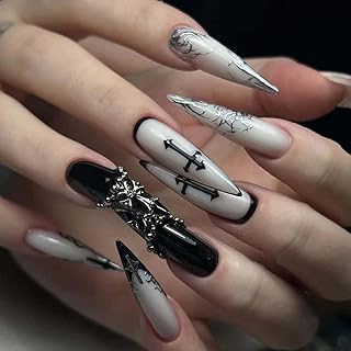 Lange Stiletto Falsche Nägel, 24 Stück Goth Press on Nails Long, Schwarz Weiss Kreuz Nägel zum Aufkleben, Chrome Fake Nägel mit Nagelkleber, Artificial Fingernails für Zombie & Vampir Makeup