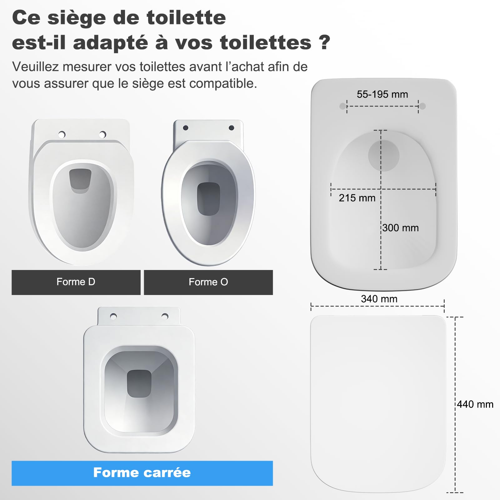 SURFOU Abattant WC avec Frein de Chute, Duroplast Haute Qualité, Forme en Carré, Déclipsable pour un Nettoyage Facile, Supporte jusqu’à 200 kg, avec Chevilles en Caoutchouc, Stabilité sans Jeu, Blanc - 3