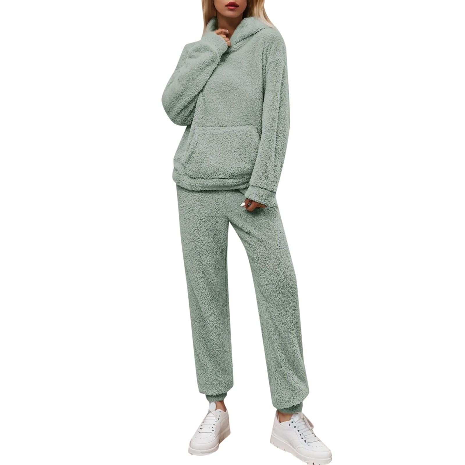 Fulidngzg Flauschiger Schlafanzug Damen Winter Frottee Pyjama Set Kuschelanzug Lang Warmer Hausanzug Teddy Plüsch Kuschelschlafanzüge Homewear Flauschig Kuschelig Plüschpyjamas Plüschanzug