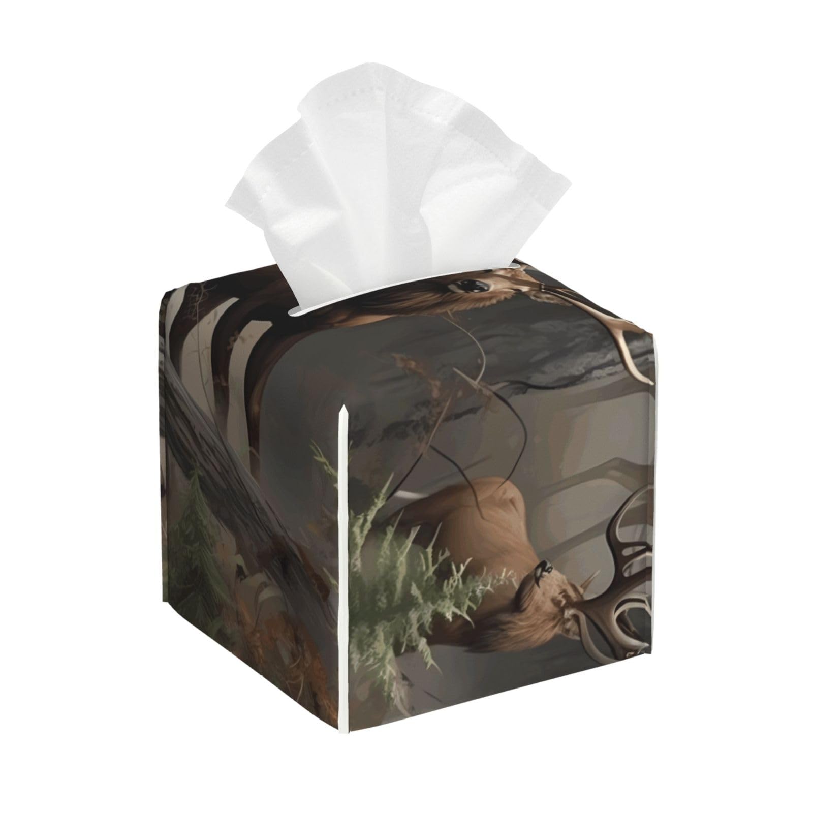 Pu Leather Cube Tissue Box Holders Modern Waterproof Square Tissue Box Cover Hunting Deer Bear Elk Facial Paper Holder for Bathroom Kitchen Nightstand Office Home Decor