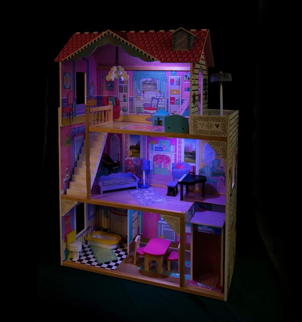 Casa delle Bambole in Legno Grande con Ascensore e Illuminazione, Villa a 3 Piani con Terrazza, Mobili e Accessori Inclusi, per Bambole fino 30 cm, Gioco di Ruolo Educativo, Regalo Bambini 3+