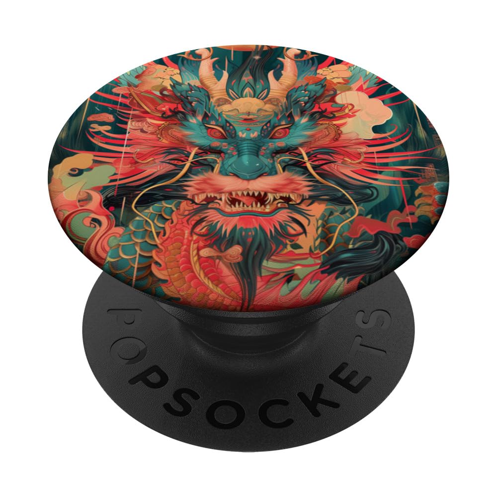 THIS IS ART - Chinese Loong Dragon, Year of the Dragon PopSockets Swappable PopGrip, Black
