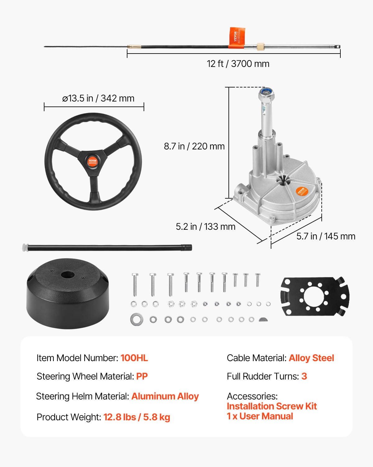 VEVOR Kit timoneria idraulica fuoribordo con cavo SS13712 da 3,36 m e volante da 13,5", sistema di timoneria idraulica marina, connessione rapida, accessori per imbarcazioni da viaggio