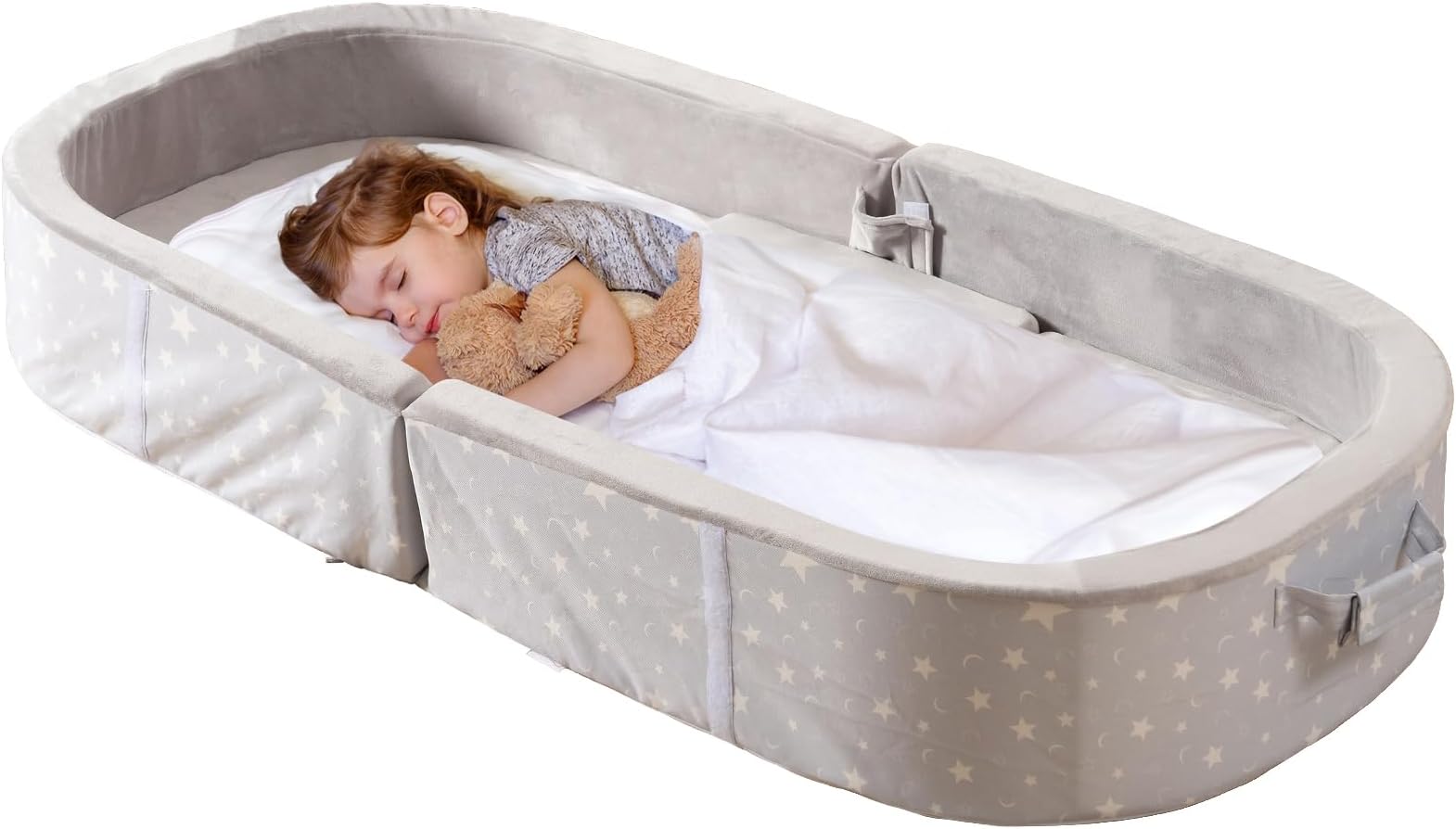 BYBYME Portable Toddler Floor Bed - Waterproof Folding Travel Crib with Washable Fitted Sheet, Ideal Toddler Cots for Sleeping and Sleepovers, Grey