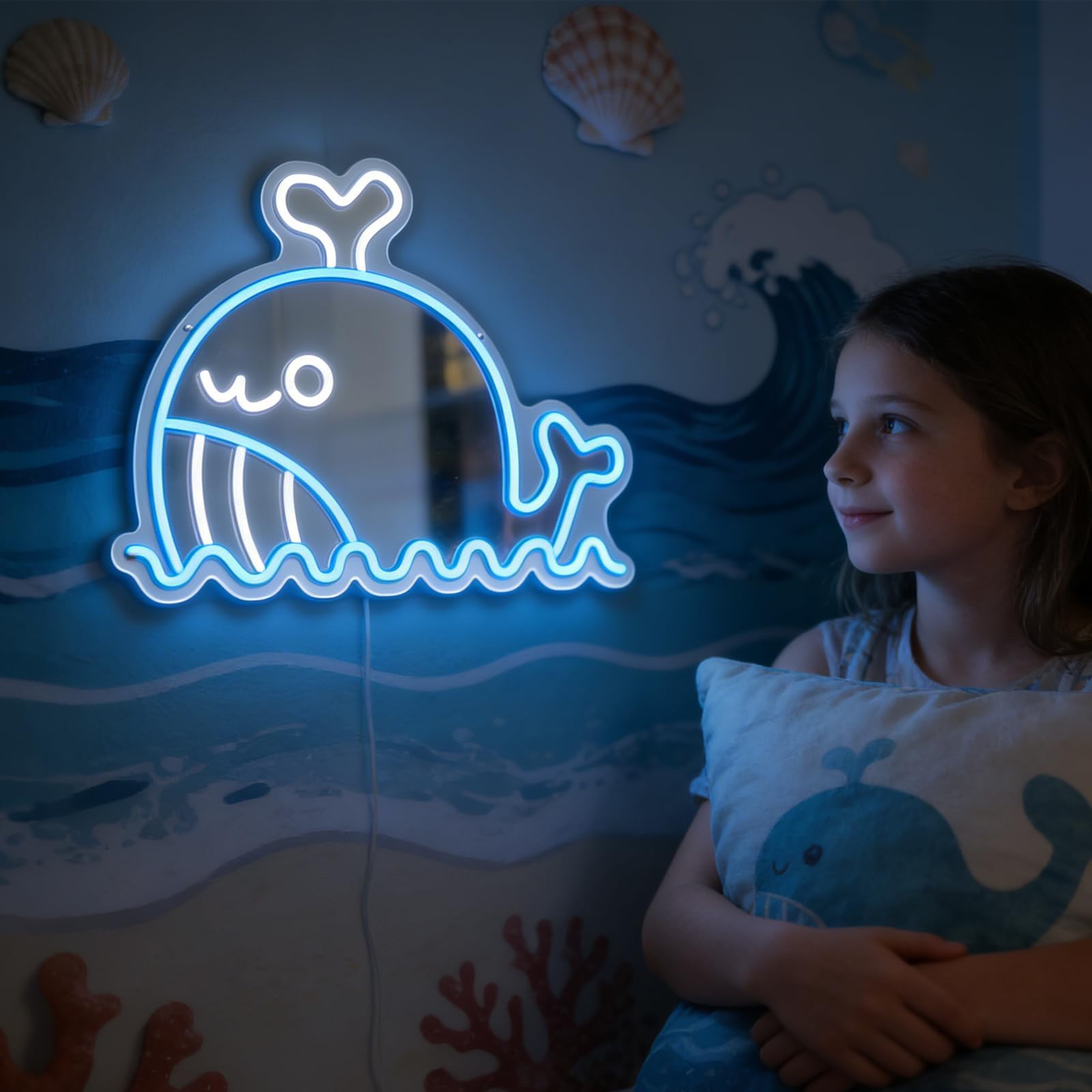 Dreamy Whale Shape USB Mirror LED neonowy znak, wisząca dekoracja pokoju dziecięcego o tematyce oceanu, miękka lampka nocna, kreatywna lampa nastrojowa do salonu/sypialni, prezent i dekoracja (biały +