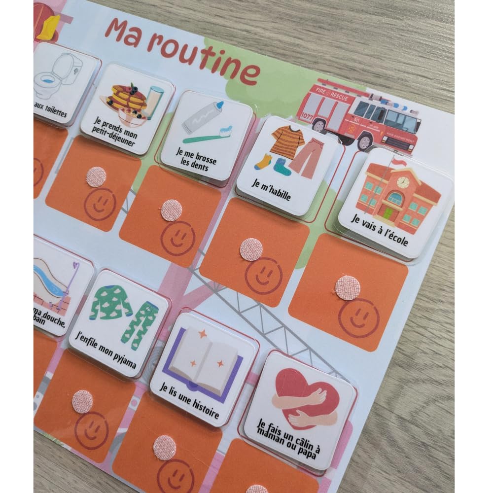 Tableau Routine Enfant Camion de Pompier – Planning Visuel Matin et Soir – Autonomie Enfant – 30 Étiquettes Activités du Quotidien