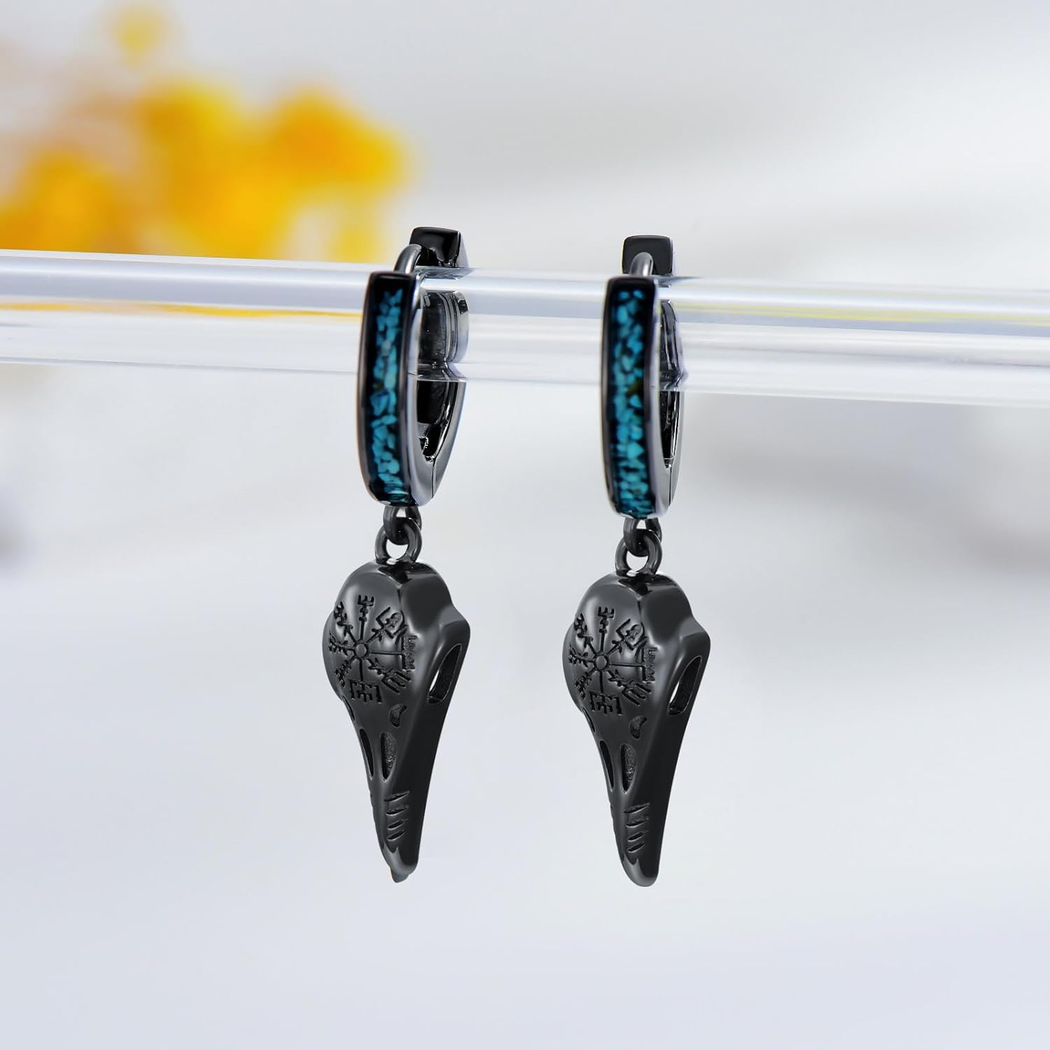 Black Raven Skull Hoop Earrings for Men Women 925 Sterling Silver Viking Crow Bird Skull Turquoise Dangle Drop Earrings Norse Gothic Jewelry Christmas Halloween Gifts for Husband Dad - Image 3