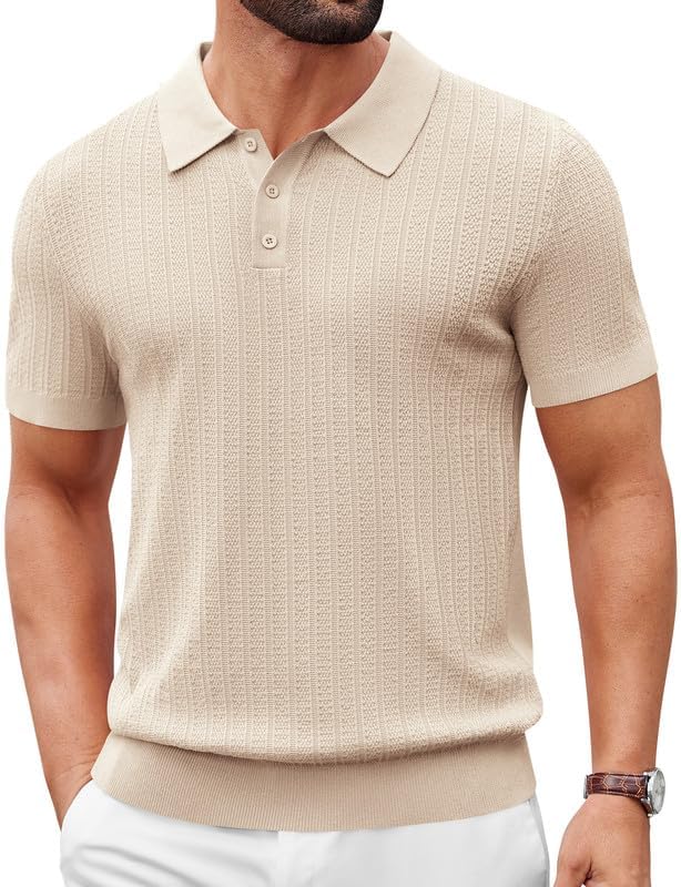 COOFANDY Mens Knit Polo Shirts Short Sleeve Slim Fit Textured Golf Polo Shirt Casual Summer Vacation T-Shirts