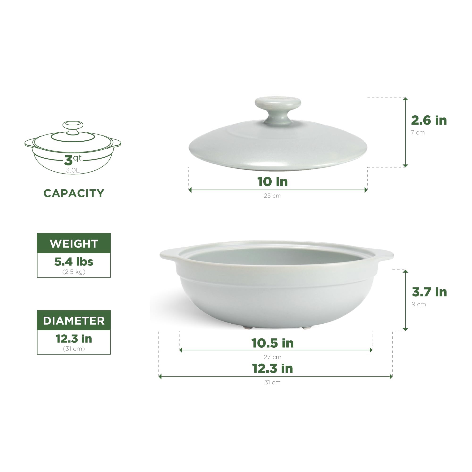 MINH LONG - Olla holandesa de porcelana de 3 cuartos con tapa, sin plomo ni cadmio, apta para horno con tapa, olla de arcilla para cocinar en cocina de gas e infrarrojos, uso para marinar, cocinar