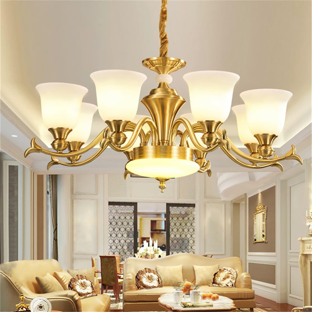 HXYSXHJUO American Brass Pendent Lamp European Luxurious Living Room Dining Bedroom Villa Hotel Sample Chandelier (B 8 Lights)