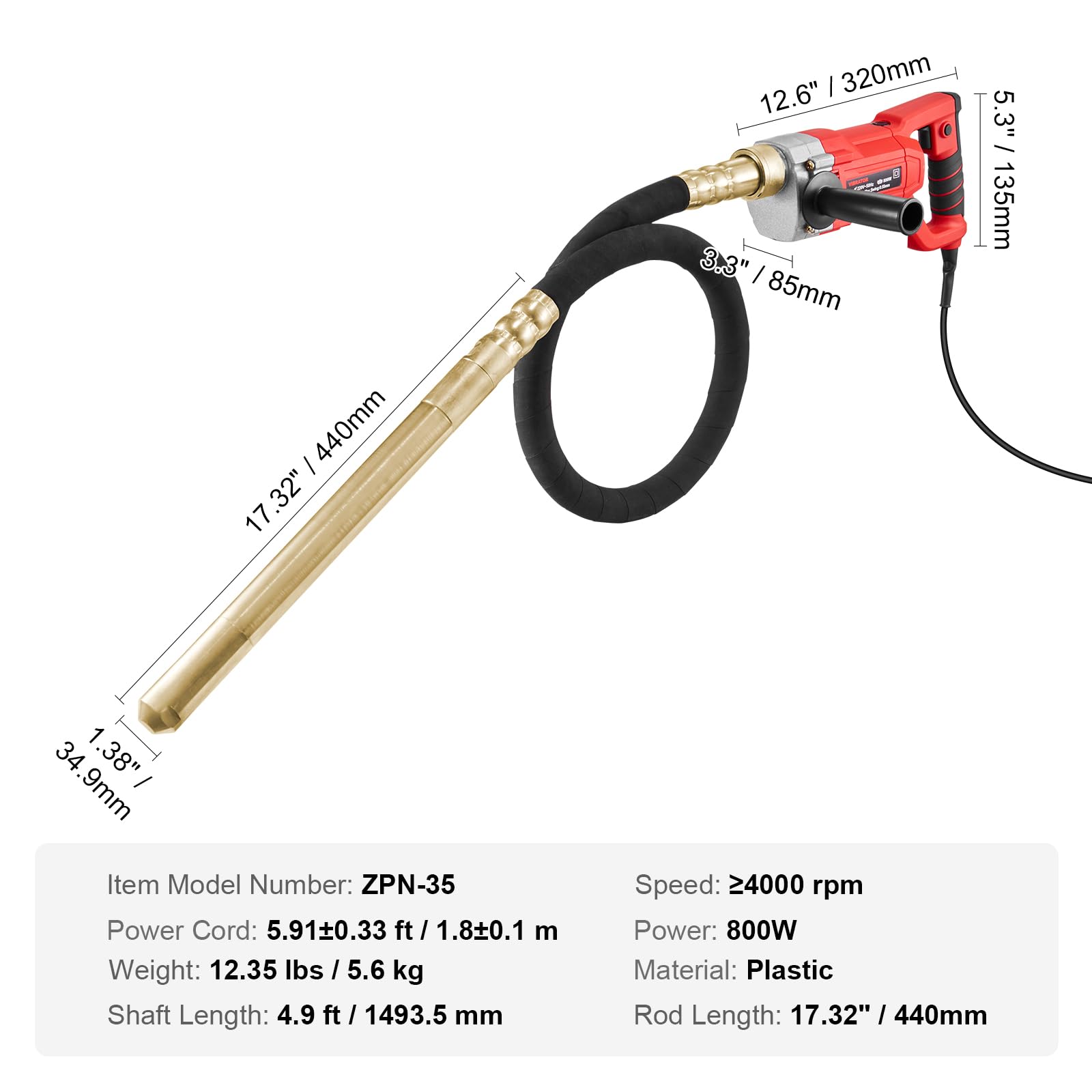 VEVOR Vibratore Elettrico per Calcestruzzo Portatile, 800 W, 4000 giri/min con Asta 1,5 m, Utensile per la Vibrazione del Calcestruzzo, Vibratore per Cemento Portatile a Matita, Rimuove Bolle d'Aria