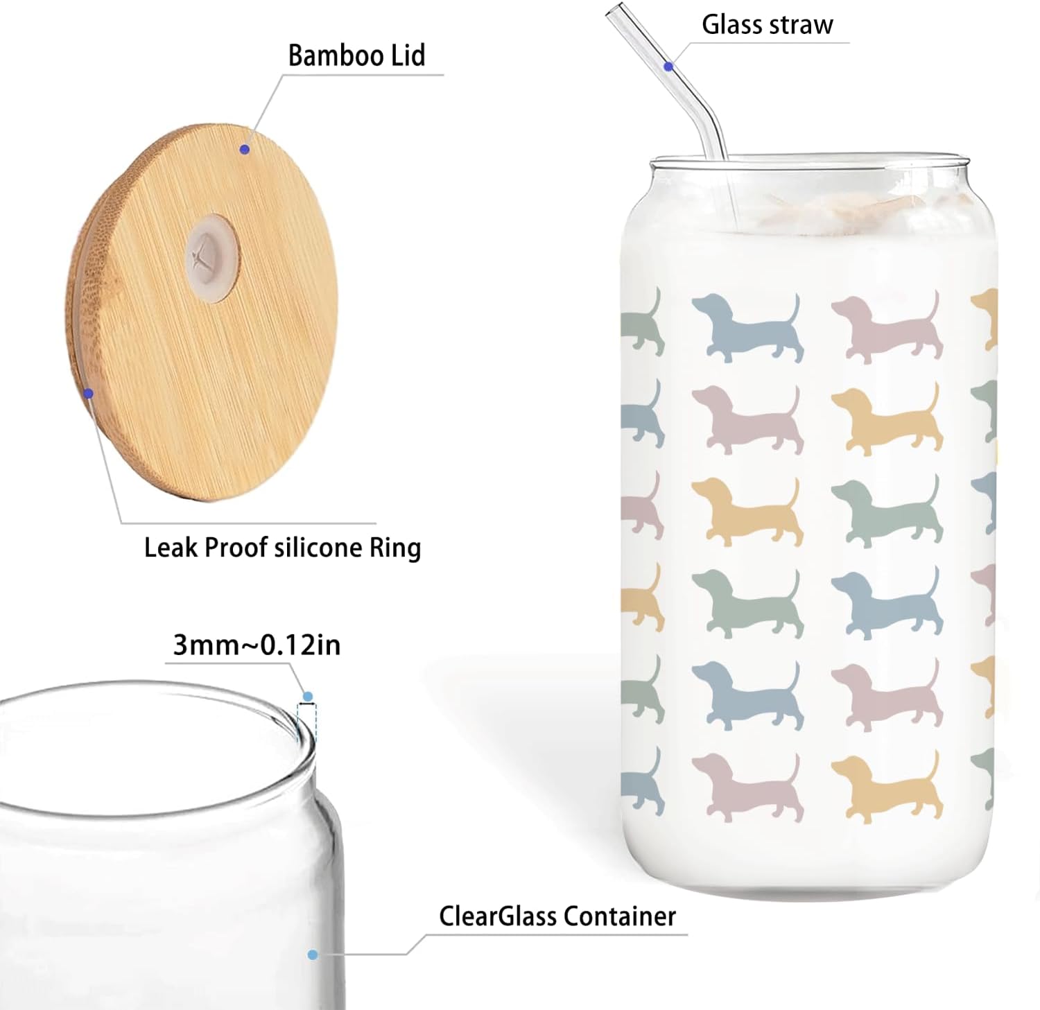 Colorful Dachshund Dog Glass Cup with Lids and Straws 14oz, Long Haired Dachshund Gifts, Weiner Dog Gifts for Women Iced Coffee Tumbler Drinking Jars with Cleaning Brush