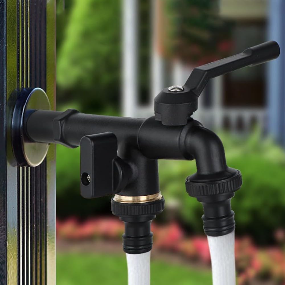 CMBSSTFC Grifo de latón para Exteriores con Salida Doble, Entrada roscada de 1/2", Dos Conectores de Manguera para jardín, Patio, válvula de Flujo de Agua confiable