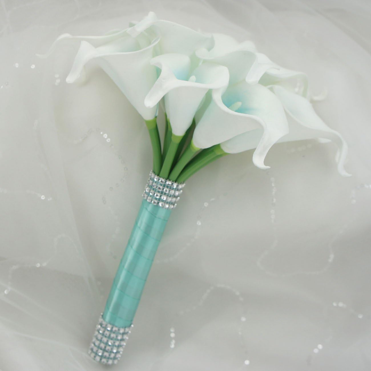 Mini 15" Artificial Calla Lily 16 Stem Flower Bouquets with Ribbon (Turquoise Center)