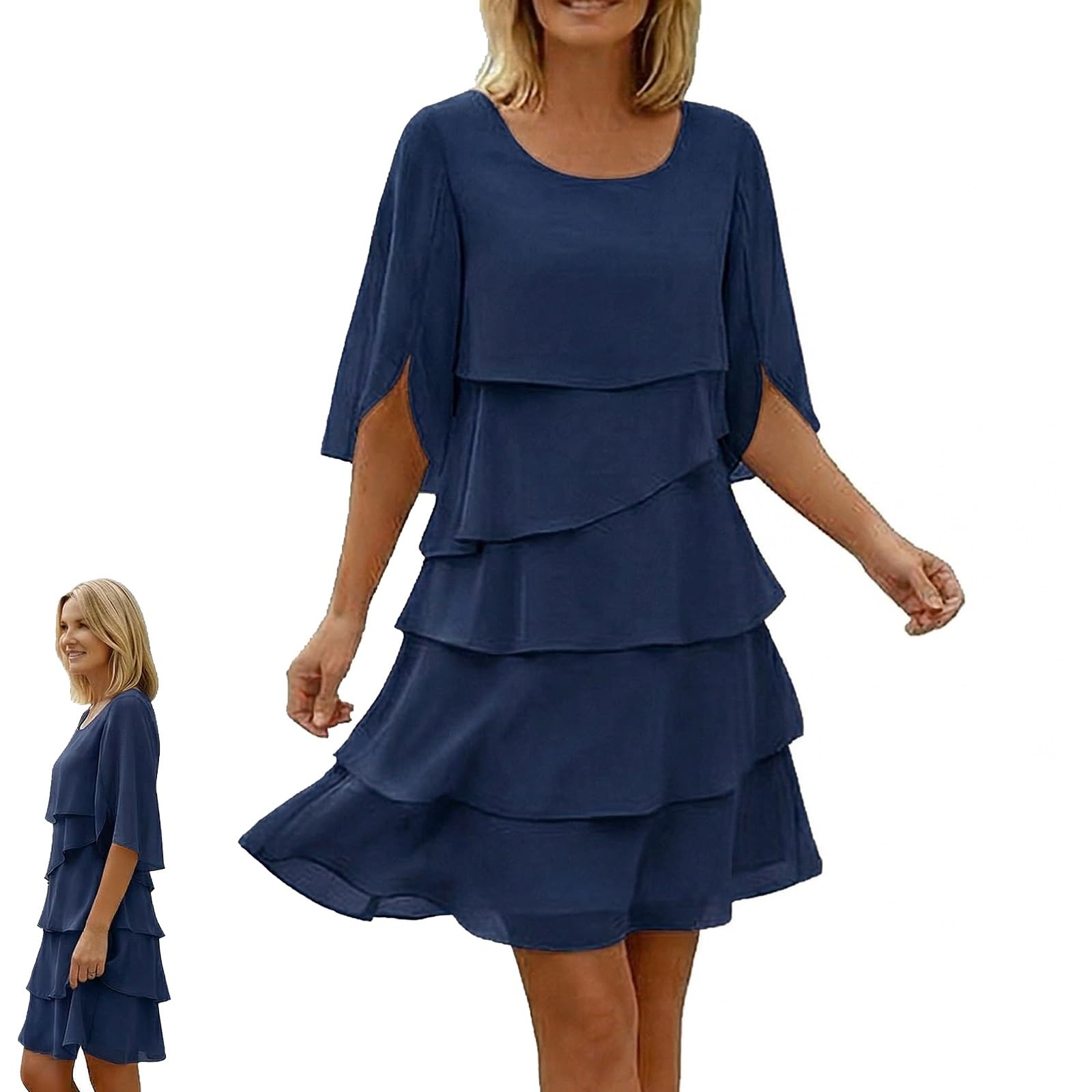 Abito in Chiffon Donna Elegante Midi con Volant, Vestito a Strati Manica a Campana 3/4, Abito Fluido per Invitata a Matrimonio Cocktail Cerimonia e Feste