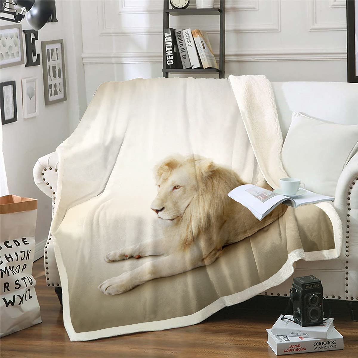 Coperta pelosa con leone 3D, in pile Sherpa, per divano, leggera, motivo: famiglia di leoni della giungla, coperta in peluche, per letto singolo, 127 x 152,4 cm