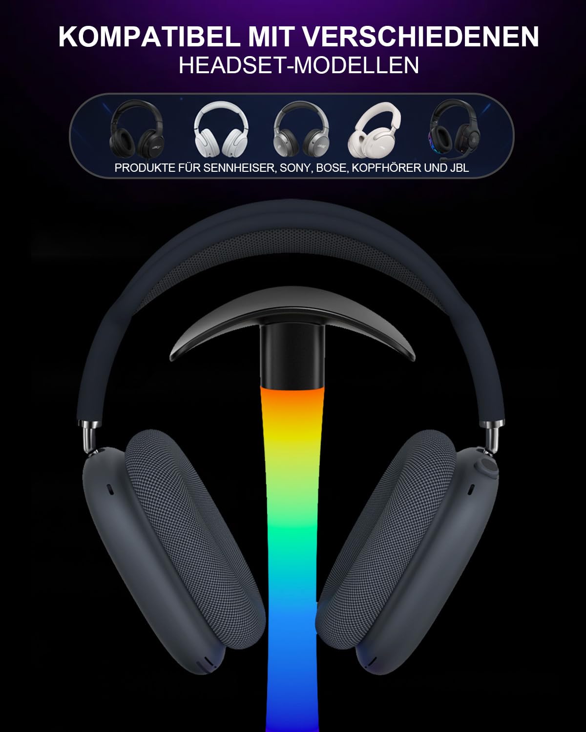 Trongle 3 in 1 RGB Gaming Kopfhörer Ständer mit 15W Wireless Ladegerät, Gaming-Headset-ständer Headset Halterung Wireless Charge Kopfhörer Halter mit 1*USB 2*Typ-C 10 Lighting Effects Modes Schwarz