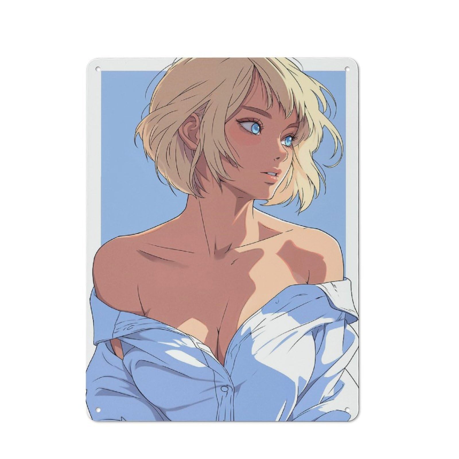 Junmoney Girls Style-7 Blonde Anime Waifu Tin Wall Plaque 40X30cm, Rustic Cottage Wall Art For Dining Room, Cafe, Entryway Or Family Room